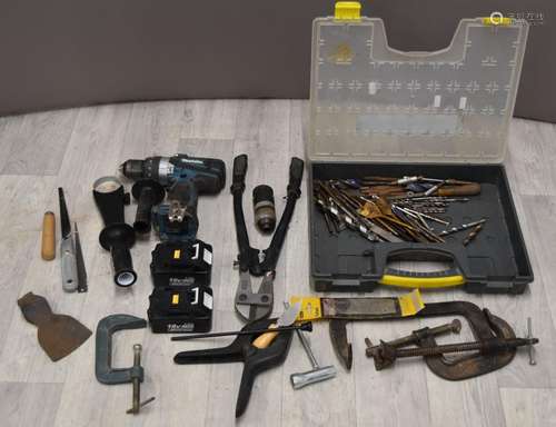 Makita BHP458 battery electric drill, drill bits, clamps etc