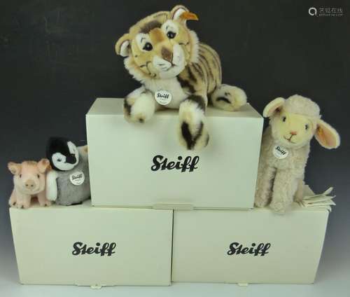 Four Steiff Teddy bear animals Baby Tiger 066269, Lamby Lamb...