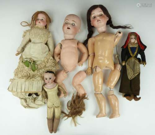 Five Armand Marseille and similar bisque headed dolls, one w...