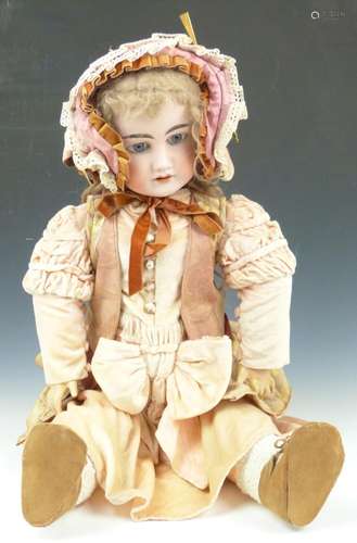 Jumeau style bisque headed doll with fixed blue eyes, pierce...