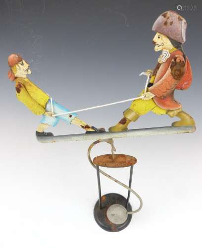 Cast metal figural balance toy with two pirates pulling a ro...