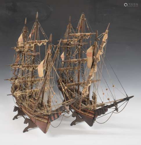 Two wooden models of a three masted sailing ships, largest 6...