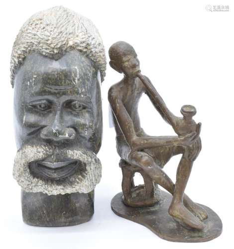 Zambia / Zimbabwe bronze African figure of a man smoking a p...