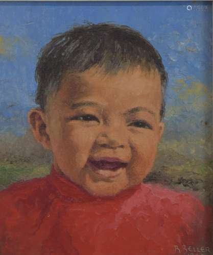 R Beller Chinese School,oil on board,portrait of a young boy...