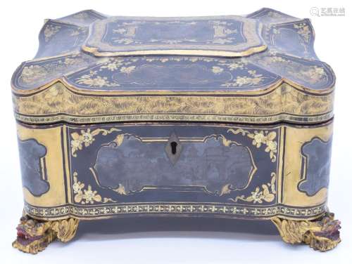 Chinese 19thC lacquer two division tea caddy with gilt decor...