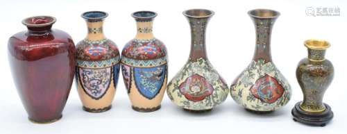Six Japanese and Chinese vases comprising two cloisonne pair...