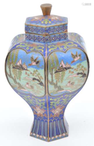 Japanese hexagonal cloisonne enamel covered vase decorated w...