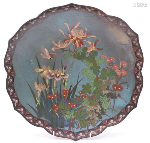Japanese cloisonne enamel charger with gadrooned rim and dec...