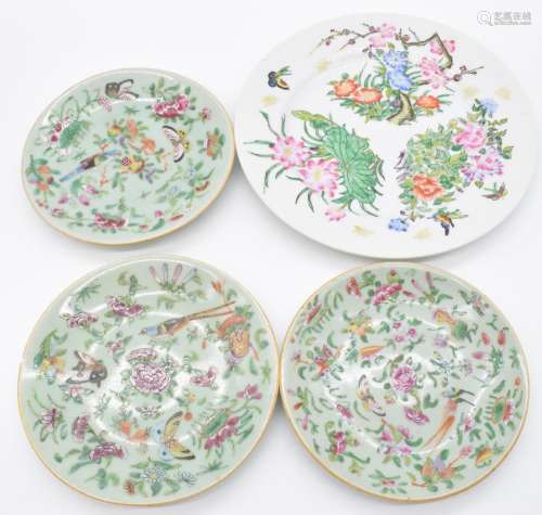 Three 19thC Chinese plates with enamel insect, bird and flor...