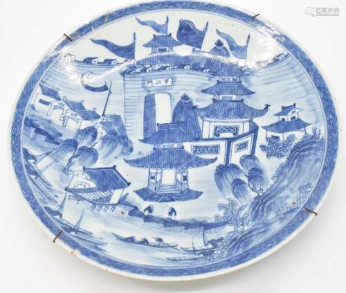 Chinese 19thCblue and white charger decorated with buildings...