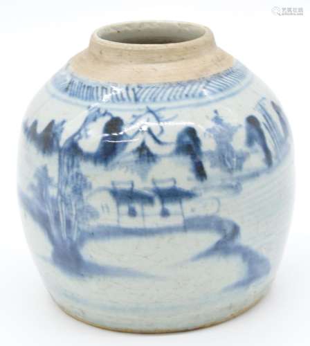 Chinese 19thC blue and white ginger jar decorated with build...