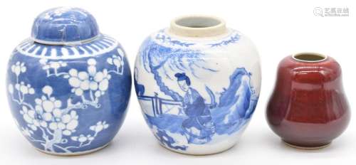 Three Chinese ginger jars comprising blue and white with pru...