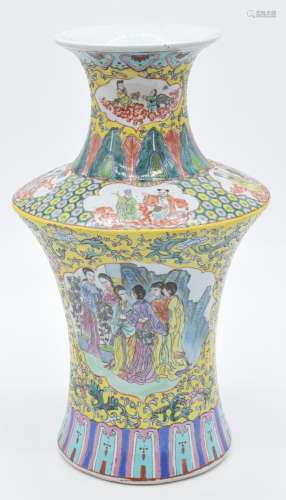Chinese famille jaune vase of waisted form decorated to one ...