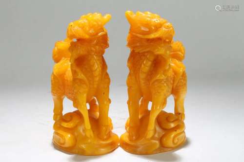 Pair of Chinese Soapstone Myth-beast Fortune Statues