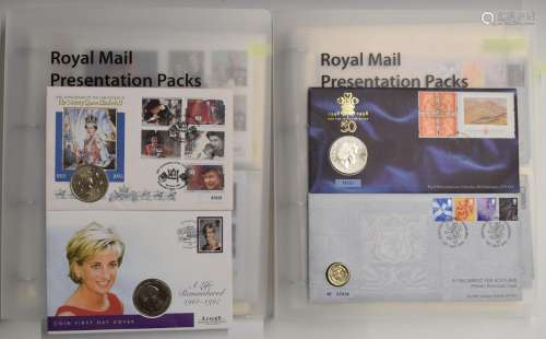 Two folders of GB coin covers including 50p, �1, �5 and crow...