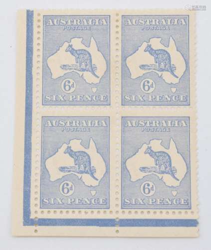 Australia 1915 6d, Kangaroo light M/M corner marginal block ...