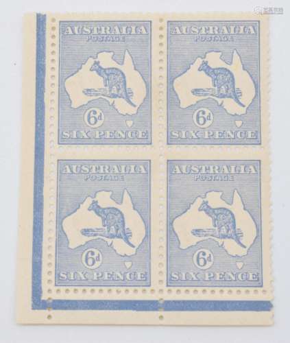 Australia 1915 6d, Kangaroo light M/M corner marginal block ...