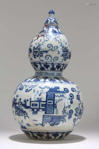 A Chinese Lidded Calabash-fortune Blue and White