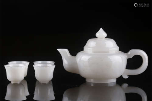 A Set of Hetian Jade Teapot and Teacups.