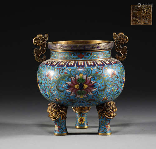 Qing Dynasty, copper Cloisonne double ear stove