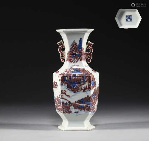 Qing Dynasty, blue and white and purple double ear bottle