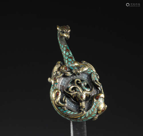 Han Dynasty, bronze inlaid with gold, Hetian jade belt hook