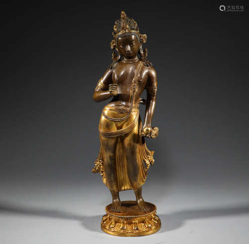 Bronze gilded Bodhisattva statue of Tibet in the Qing Dynast...