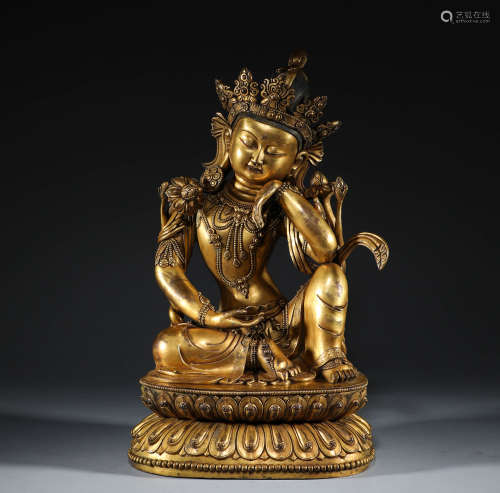 In the Qing Dynasty, Tibetan bronze gilded female seated sta...