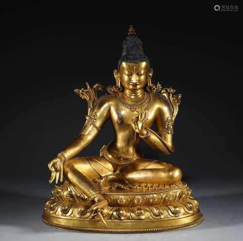 Qing Dynasty, Tibetan bronze gilded Green Tara sitting