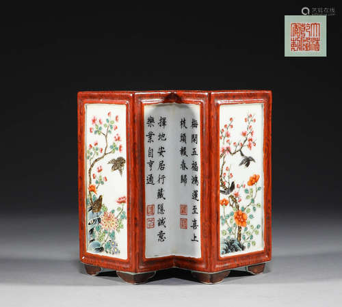 Qing Dynasty, pastel flower and bird poetry pen holder