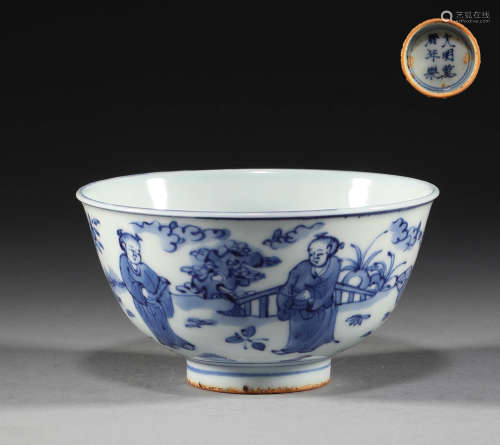 Ming Dynasty, blue and white character story bowl