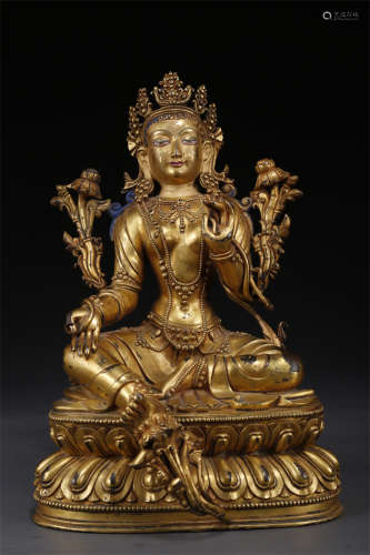 A Gilt Copper Green Tara Buddha Statue.