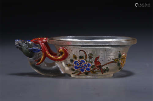 A Colored Glass Horn Cup with Flowers Design.