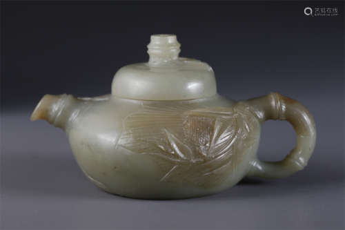 A Hetian Jade Teapot with Bamboo Design.