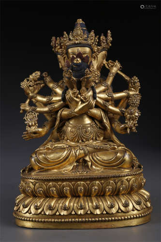 A Gilt Copper Guhyasamaja Buddha Statue.