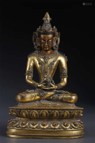 A Gilt Copper Amitayus Buddha Statue.