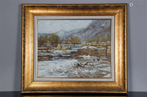 An Oil Painting of Snowy Village Motif.