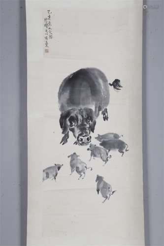 A Pigs Painting on Paper by Xu Beihong.