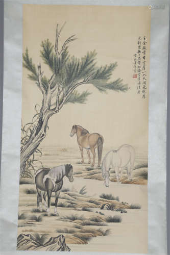 A Steeds Painting on Silk by Pu Jin.