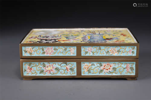 An Enameled Copper Square Lidded Box.