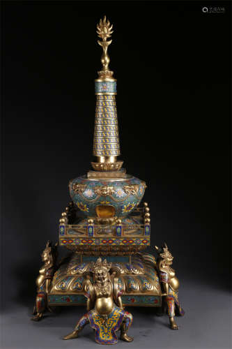 A Cloisonne Enameled Copper Buddhist Stupa.