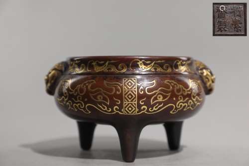 明 銅胎鎏金饕餮紋天雞耳爐