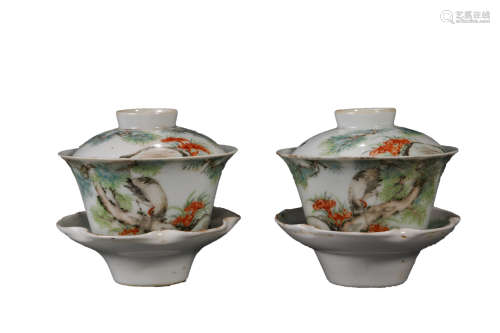 Pair of Famille Rose Flower and Bird Tea Bowls
