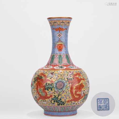 Famille Rose Dragon and Lotus Bottle Vase