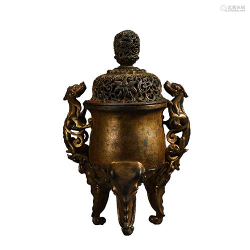 Gilt-Bronze Double-Eared Tripod Censer