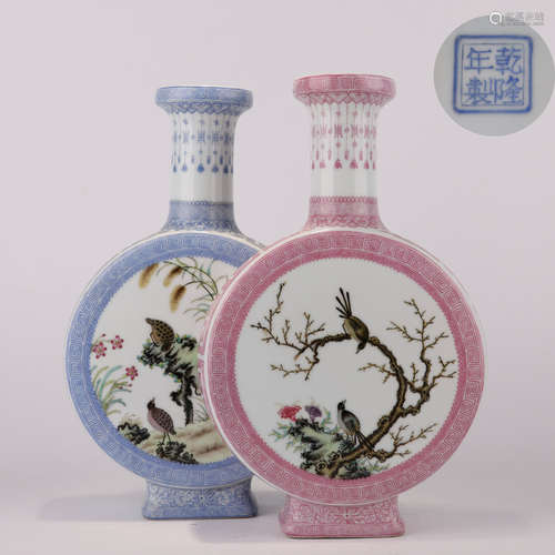 Famille Rose Flower Conjoined Double Vases