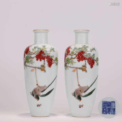 Pair of Famille Rose Flower and Bird Rouleau Vases