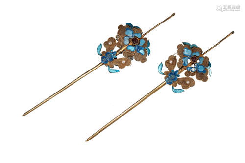 Pair of Silver Gilding Enamel Hairpins