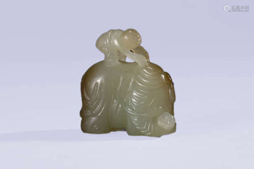 Carved Jade Boy and Elephant Paper Weight