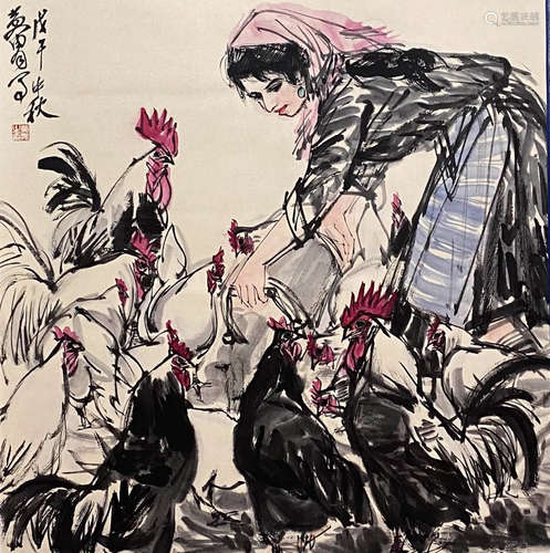 Huang Zhou, Chinese Lady and Rooster Painting